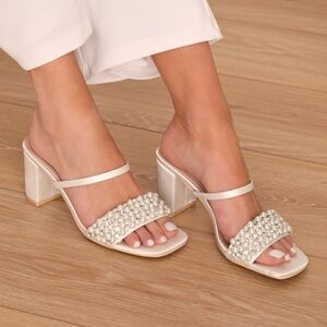 Lulus Karcen Ivory Satin Pearl Rhinestone High Heel Slide Sandals White